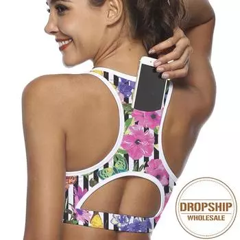 Бюстгальтер для йоги с карманом для телефона, спортивный топ для женщин, фитнес-пуш-ап, противоударная рубашка с цветочным принтом, спортивный жилет L чёрный