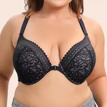 Бюстгальтер на пуговицах из кружева соответствующего цвета, тонкое бесшовное нижнее белье больших размеров, чашка G 80C чёрный