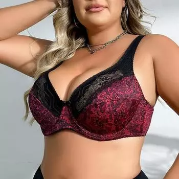 Бюстгальтер с цветочным принтом, большой размер, женский бюстгальтер большого размера с сетчатой проволокой, дышащее нижнее белье с кружевом 38D 40D 42D 44D 46D 48D 90D красный