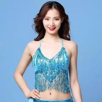 Бюстгальтер с кисточками и бретелькой через шею из полиэстера, одежда для танца живота для женщин, блестящий топ для латиноамериканских танцев живота чёрный