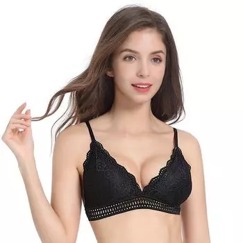 Бюстгальтер во французском стиле, бесшовный кружевной бюстгальтер с глубоким V-образным вырезом, беспроводное тонкое нижнее белье, сексуальный мягкий бюстгальтер One Size чёрный