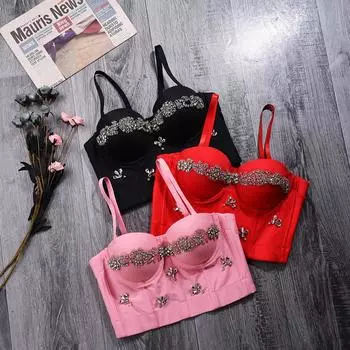 Бюстгальтеры-корсеты с кристаллами и стразами и бриллиантами, укороченный топ с эффектом пуш-ап, женские майки с ремешками, бюстье, повязки S чёрный