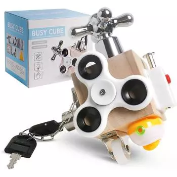 Busy Board Activity Cube Сенсорный Busy Cube Игрушки для путешествий Деревянная игрушка Монтессори Обучающее обучение Базовые жизненные навыки для детей Ясельного возраста 15.5x15.5x14cm
