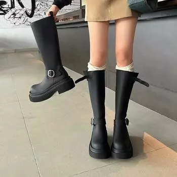 But knee boots women s 2024 new round head versatile thick sole heightening black belt buckle high knight boots 35