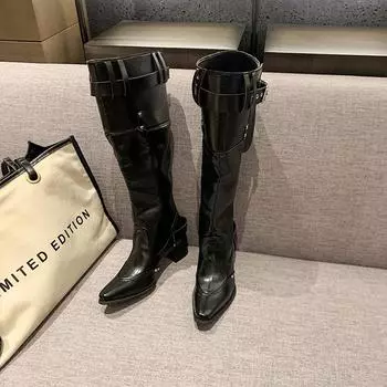 But knee boots women s 2025 autumn and winter khaki suede pointed boots children thick heel thin pleated piled boots 35