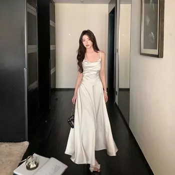 But You Butyou White Sling Dress New Satin Slimming Waist Hugging Light Luxury High-End Engagement Gift White L