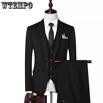 Бутик (Блейзер + Жилет + Брюки) Элегантный модный деловой итальянский стиль, тонкий повседневный полосатый мужской костюм из трех предметов для джентльмена M (EUR XXS) темно серый