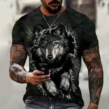Бутик, летняя модная повседневная мужская футболка с круглым вырезом, спортивная футболка для фитнеса с коротким рукавом с рисунком свирепого волка, мужской стиль с 3D принтом XXS