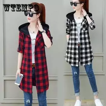 Бутиковая клетчатая куртка, женская ветровка с капюшоном, модное тонкое тонкое пальто, повседневный комфортный топ для молодежи XXL