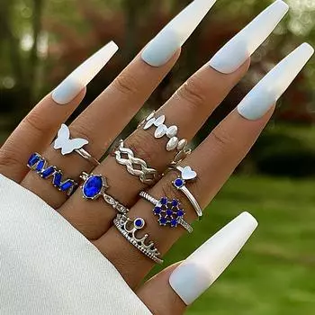 Butterfly diamond nine-piece ring set Geometric star animal diamond imitation gemstone ring set