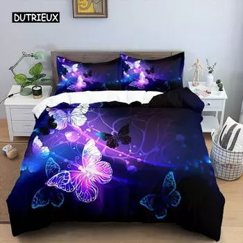 Butterfly Duvet Cover Set Polyester 3D Purple Butterfly Bedding Set Dreamy Night Butterfly Quilt Cover King Size Comforter Cover EU single(135x200cm)