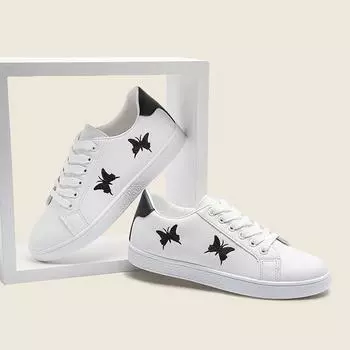 Женская повседневная обувь с вышитыми бабочками, белые кроссовки для женщин, весенние туфли на платформе со шнуровкой, вулканизированные туфли 36 чёрный