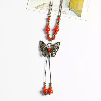 Butterfly Female Jingdezhen Ceramic Braiding Pendant Sweater Chain Floral glaze red