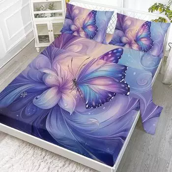 Butterfly Flowery 4 Piece Bed Sheet Set, Including 1 Flat Bed Sheet, 1 Super King Size Bed Sheet, 2 Pillow Cases (Animal, Home) 99cmx199cm
