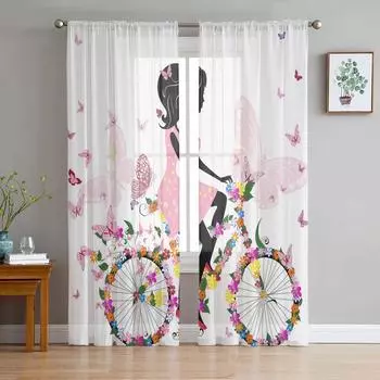 Butterfly Girl Bicycle Flower Pink White Chiffon Sheer Curtains for Living Room Bedroom Decoration Window Voiles Tulle Curtain W135 x H115cm x1&Rod Pocket