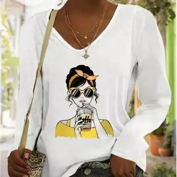Butterfly Knot Beauty Coffee Print Женские футболки Женские топы Длинные рукава V-образный вырез Пуловер Femme Футболки Футболка для женщин XS белый