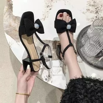 Butterfly-knot Square Heel High Heel Sandals Women 2024summer Shoes Woman Wild Students Buckle Strap Office Sladies Shoes Female 35 чёрный