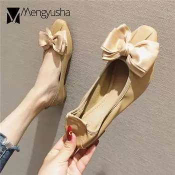 Butterfly-Knot square toe solid shallow pu foldable ballet flats women moccasins shoes woman loafers fairy slip on ballerina 5 абрикосовый