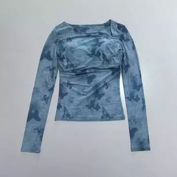 Butterfly Print Yoga Clothes Long Sleeves One-Piece Chest Pad Mesh Breathable Quick-Drying Slim Fit Sports Fitness Clothes Tops Women Wind Chime Blue M