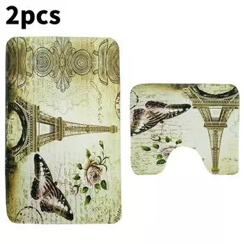 Butterfly Printed Tower Toilet Carpet Three Piece Set Anti Slip Mat Bathroom 2pcs