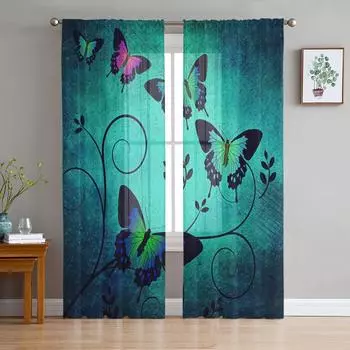 Butterfly Retro Shabby Modern Curtain For Living Room Transparent Tulle Curtains Window Sheer For The Bedroom Accessories Decor W135 x H114cm