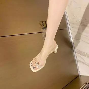 Butterfly rhinestone high heel transparent cool slippers women s summer wear 2024 new French thick heel set toe sandals 35 белый