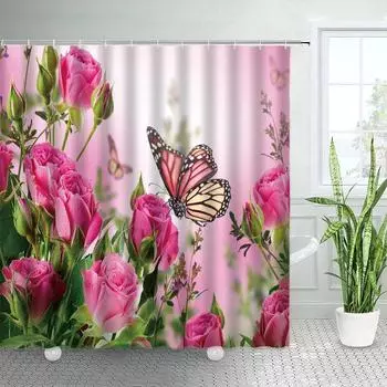 Butterfly Sunflower Shower Curtains Natural Yellow Flowers White Background Decor Simple Fabric Home Decor Bathroom Curtain Sets 90x180cm-35x70in