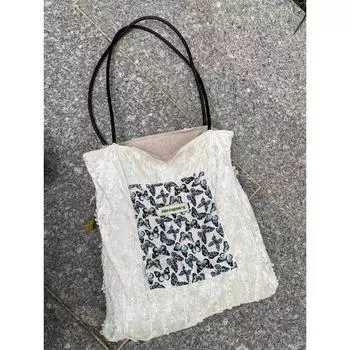 Butterfly Velvet Lace Canvas Bag Niche Design Shoulder Bag Commuter Underarm Tote Bag Women белый