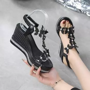 Butterfy Decorative Women s Wedge Sandals Summer New Hollow Open-toe Shoes Fashion Shiny Rhinestone Ladies Party Shoes Sandalias 35