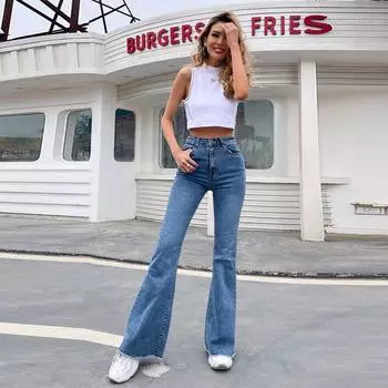 Женские джинсы-клеш с необработанным краем и пуговицами, осенняя мода, женские джинсовые брюки, узкие джинсы с высокой талией и полной длиной, большие размеры L синий