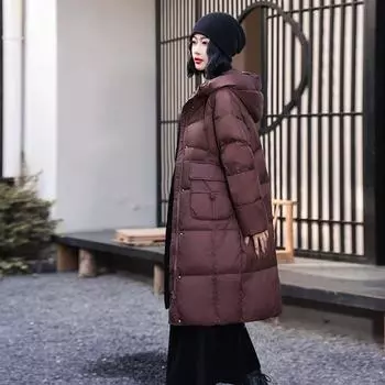 Длинный пуховик женский зимний с капюшоном, большой размер, свободный, утолщенный, белый, выше колена, ретро-пальто для мамы M красный