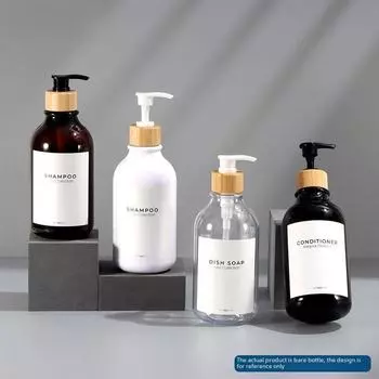 Бутылка для шампуня и геля для душа из пластика ПЭТ с круглым плечом, 500 мл 300ml + black bamboo pump прозрачный