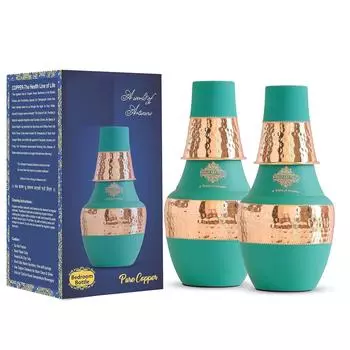 Бутылка для спальни из чистой меди со встроенным стеклянным контейнером для хранения и посудой для напитков, объем 1,25 литра (Упаковка из 2 шт.)