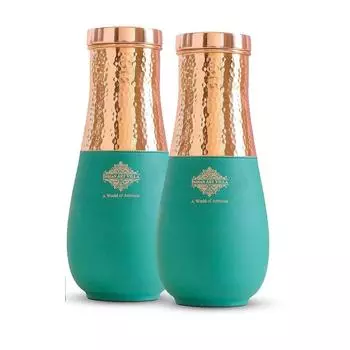 Бутылка для спальни из чистой меди, дизайн вазы, половина из зеленого шелка, половина с кованой отделкой, для напитков и хранения - Объем 1,42 литра (Упаковка из 2 шт.)