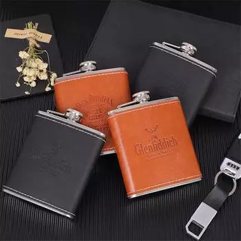 Бутылка для виски из искусственной кожи без содержания бисфенола А, фляжка из нержавеющей стали 18/8, карманная бутылка для алкоголя, 7 унций ELK чёрный