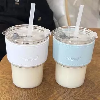 Бутылка для воды 400 мл, креативная стеклянная кофейная кружка с трубочкой и крышкой, бутылка для воды, пивная посуда для чая, парная кофейная кружка с трубочкой