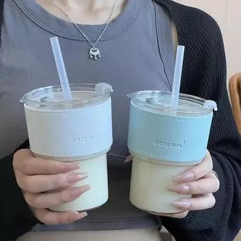 Бутылка для воды 400 мл с крышкой, двойной рот для питья с трубочкой, новый креативный прозрачный кофейный стакан с трубочкой, кружка для кофе, пиво 400ML белый