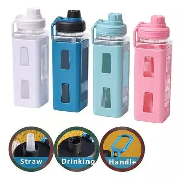 Бутылка для воды 600 мл, квадратная, для спорта на открытом воздухе, фитнеса, пластиковые стаканчики для воды, переносная, спортивная, дорожная кружка для взрослых и детей, посуда для питья, инструменты 600ML синий