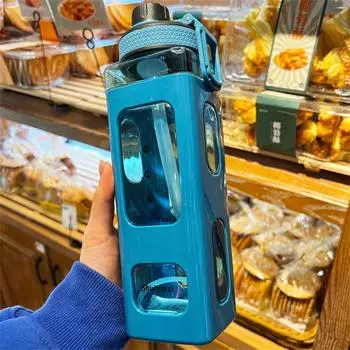 Бутылка для воды 700 мл, симпатичная квадратная плоская бутылка для воды без BPA с трубочкой и ремешком, летняя пластиковая кружка-непроливайка, герметичная, большая емкость 700ML