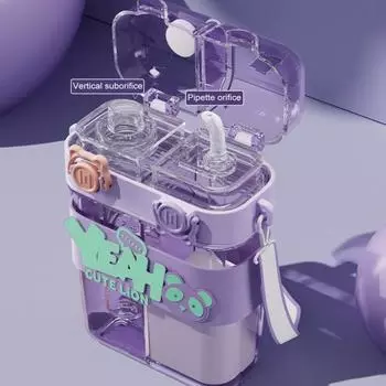 Бутылка для воды 760 мл с соломенным ремешком, двухкамерная чашка для воды для девочек, портативные герметичные контейнеры для питья фиолетовый