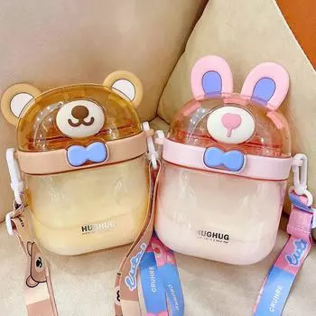 Бутылка для воды 850 мл для девочек, мультяшная кружка для путешествий с соломой, летняя пластиковая кружка с милым медведем, кавайный детский стакан, портативный спортивный чайник для питья 850ml