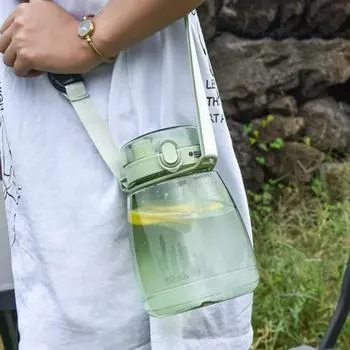Бутылка для воды большой емкости, 1300 мл, герметичный регулируемый ремень, большие соломенные бутылки для воды с ремешком, уличный зелёный