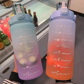 Бутылка для воды большой емкости 2 л с откидной крышкой, напоминание о временной шкале, герметичная матовая чашка для спорта и фитнеса на открытом воздухе 2L светло-синий