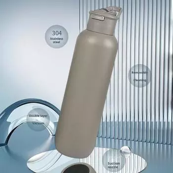 Бутылка для воды для альпинизма на 600 мл/1000 мл с соломенной крышкой Изолированная бутылка из нержавеющей стали Герметичная бутылка без BPA Двойная изоляция стенок Круглое горлышко 600ML темно-серого