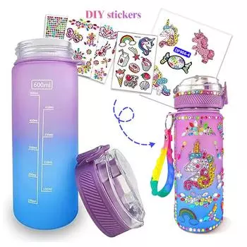 Бутылка для воды для детей 600 мл с блестящими алмазными наклейками Бутылка Креативная портативная бутылка для воды Алмазная роспись Поделки розовый