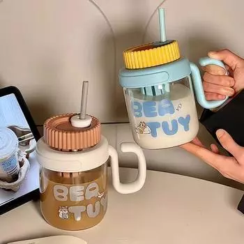 Бутылка для воды для детей, студенток, высокого внешнего вида, стеклянная бутылка для воды, большая емкость, бутылка для воды с соломинкой 900ml бежевый