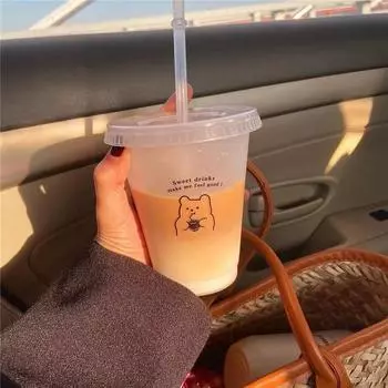 Бутылка для воды для кофе, сока, молока, чая, кавайные пластиковые стаканчики для холода с крышкой и соломинкой, портативная многоразовая бутылка для питья, не содержит бисфенол-А