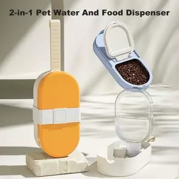 Бутылка для воды для собак 250 мл, диспенсер для воды 2 в 1, контейнер для еды, переносная миска для собак на открытом воздухе с силиконовым шнурком для походов и путешествий белый/синий
