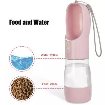 Бутылка для воды для собак, кормушка для еды, портативная миска для питья для маленьких собак, кошек, щенков, диспенсер для воды для французских бульдогов Water258ml Food200ml розовый