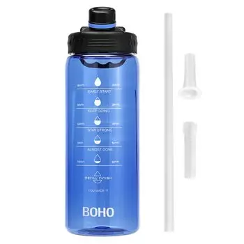Бутылка для воды FJbottle объемом 2 литра, 2000 мл, большая емкость, маркер времени с трубочкой, весы, легкая, подходит для питья спортивных напитков синий